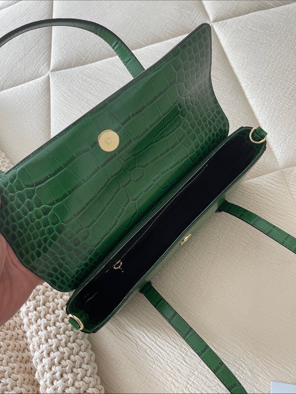 Frances Valentine Emerald Croc-Embossed leather Small Slim Tote with Gold Logo - Picture 5 of 8